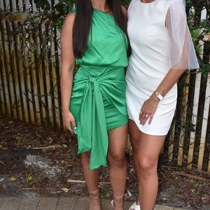 Green satin one shoulder dress